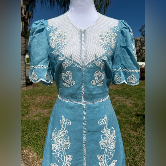 FARM Rio Dresses & Skirts - NWT🌷Farm Rio Floral Embroidery Linen Short Sleeve Open Back Midi Dress